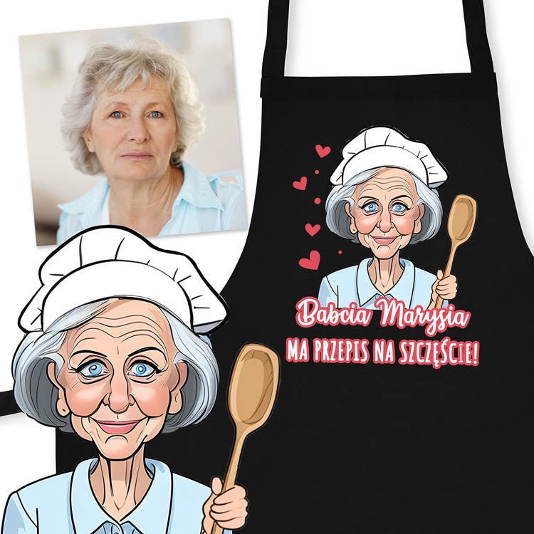 Fartuch Kuchenny Prezent na Dzień Babci Karykatura Czarny