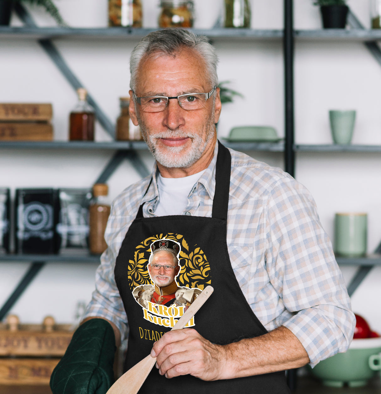 Fartuch Kuchenny personalizowany Karykatura Prezent na Dzień Dziadka Bawełniany Czarny