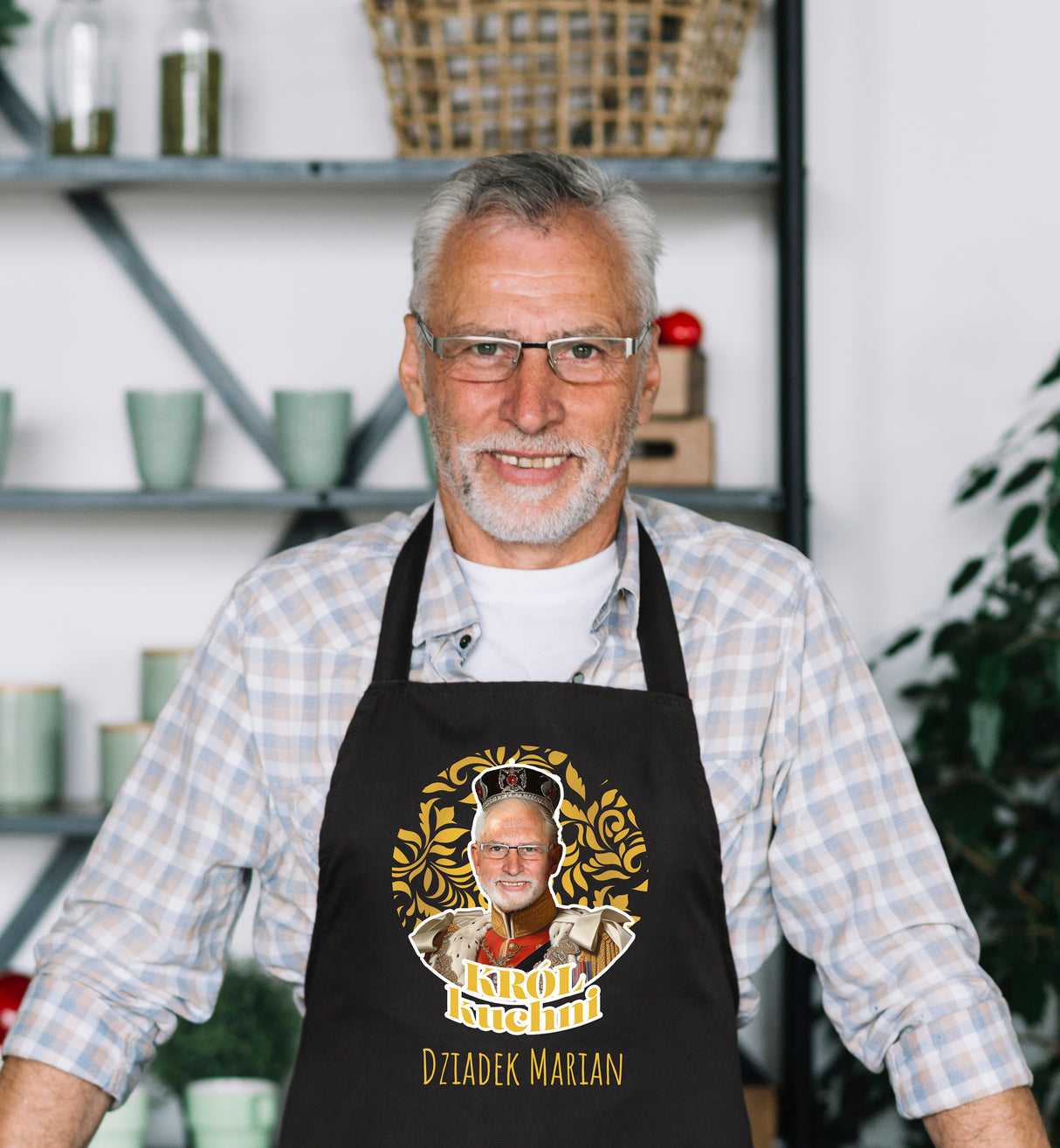 Fartuch Kuchenny personalizowany Karykatura Prezent na Dzień Dziadka Bawełniany Czarny