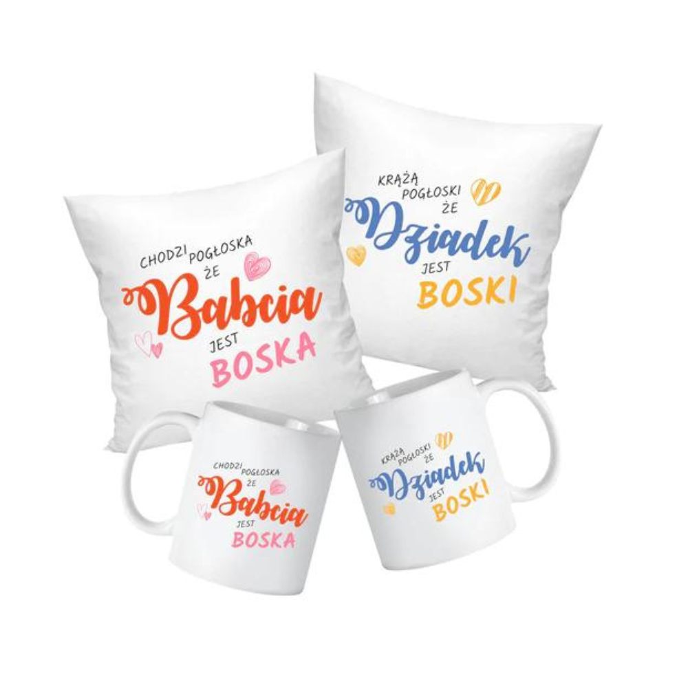 Zestaw Poduszka Kubek Boska Babcia Boski Dziadek Prezent na Dzień Babci i Dziadka