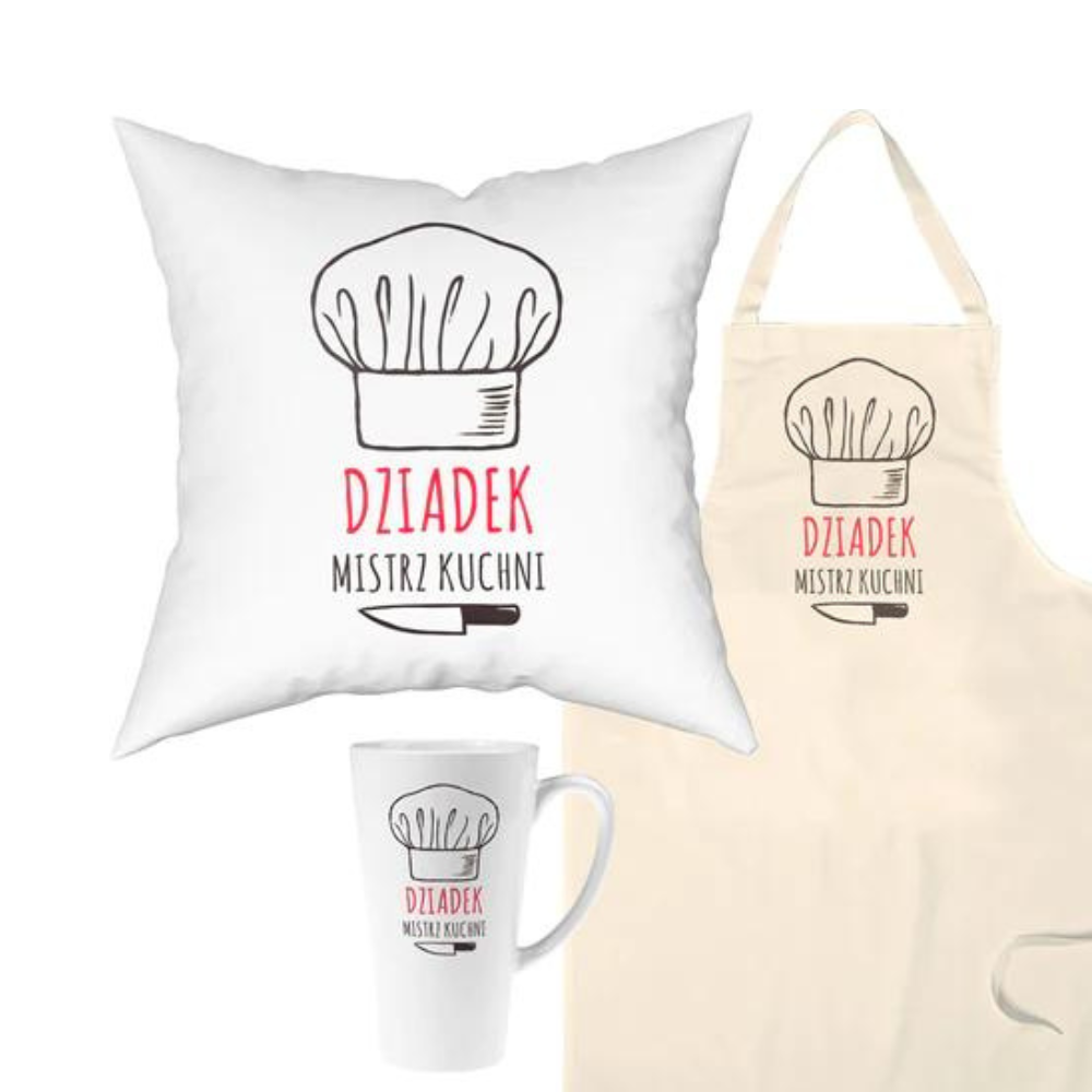Zestaw Fartuch,Kubek,Poduszka Dziadek Mistrz Kuchni Prezent na Dzień Dziadka