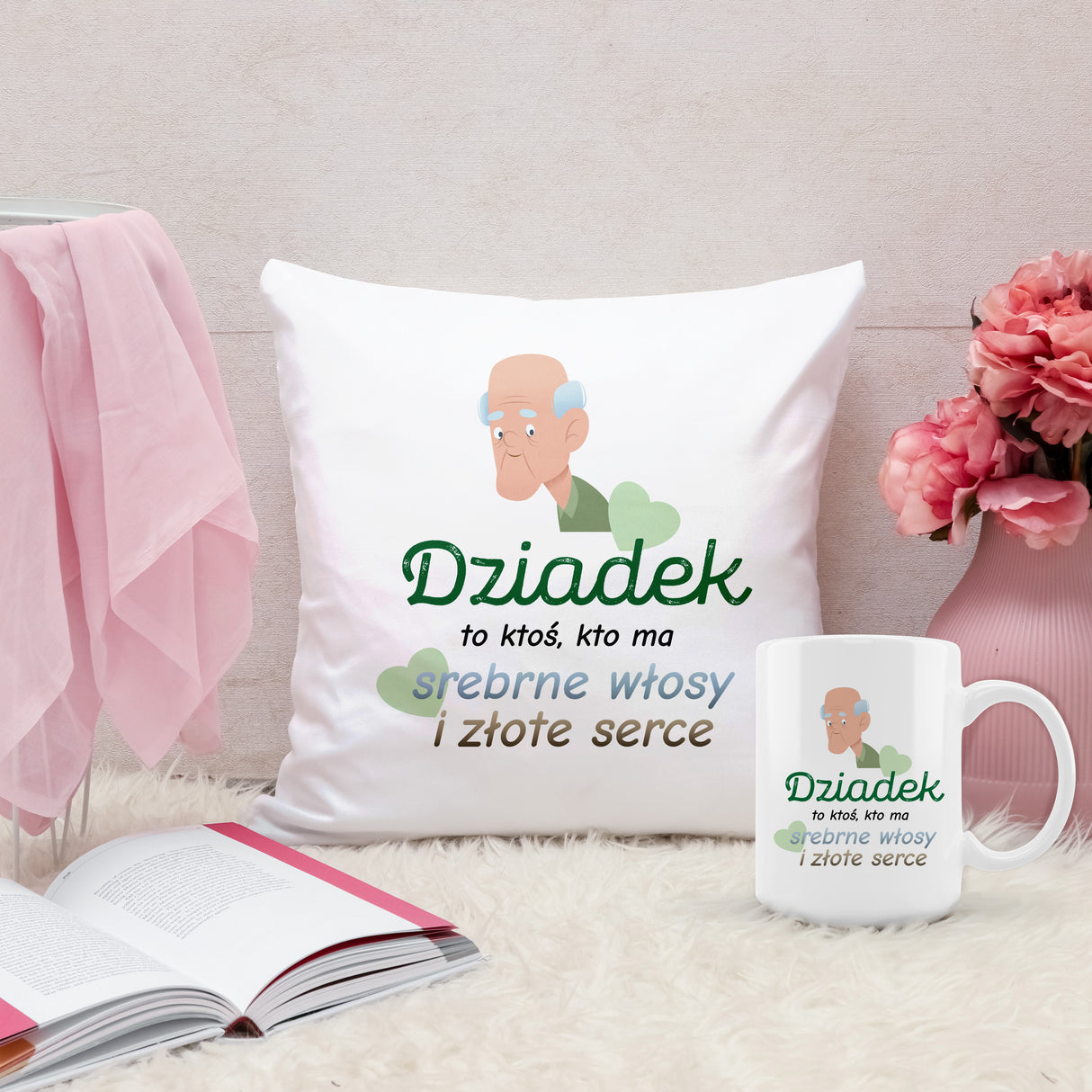 Zestaw Poduszka Kubek Srebrne włosy i złote serce Prezent na Dzień Dziadka