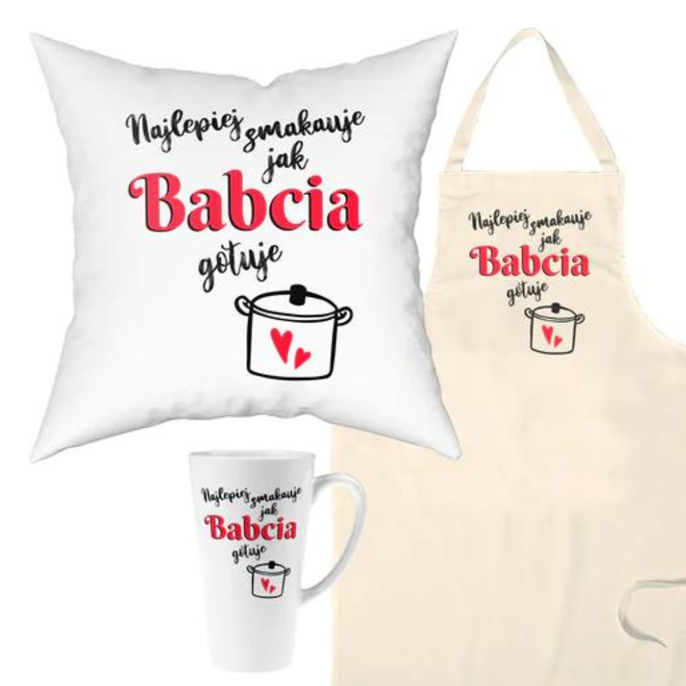 Zestaw Fartuch,Kubek,Poduszka Najlepiej smakuje jak Babcia Gotuje Prezent na Dzień Babci