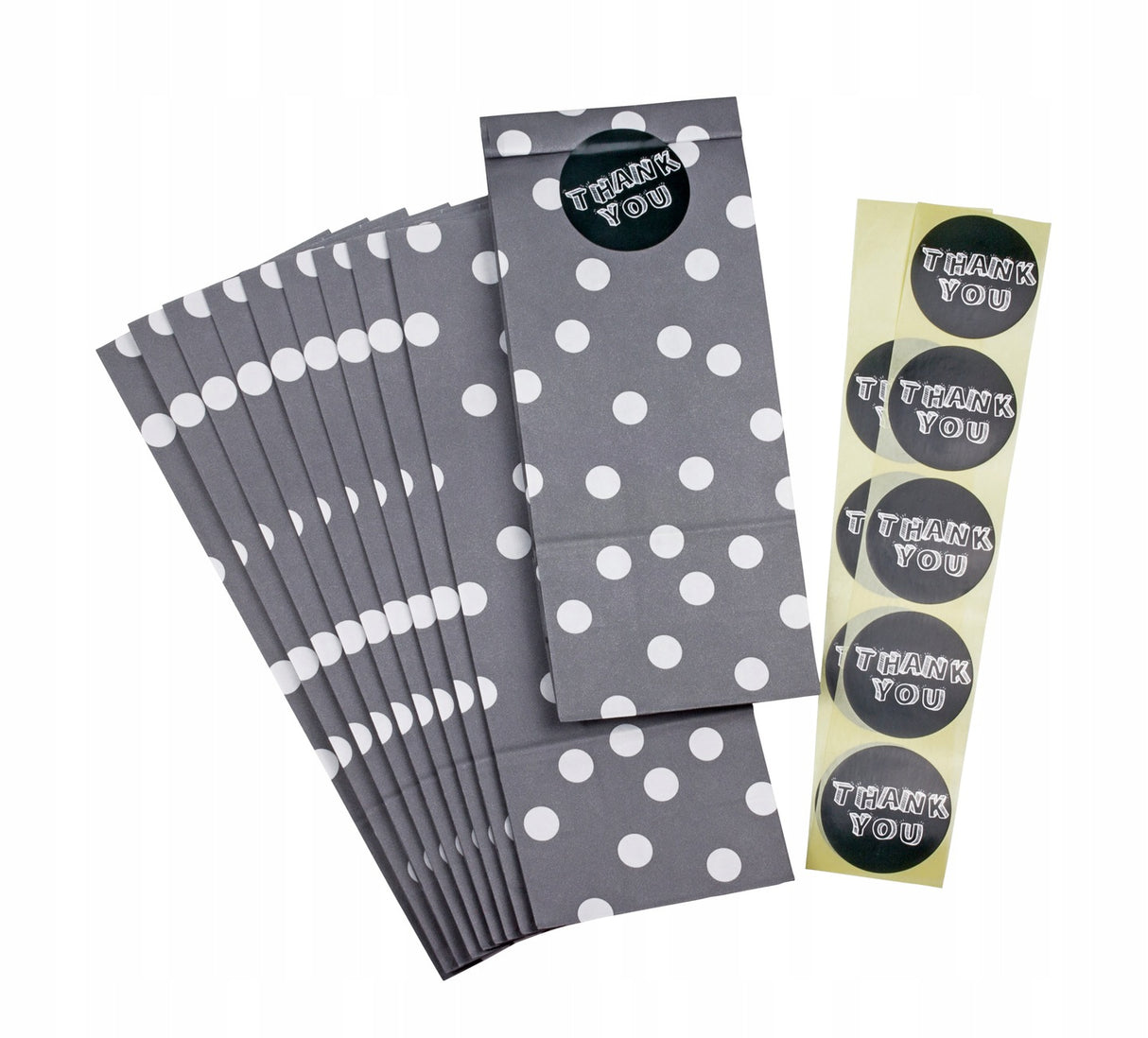 Torebki papierowe SZARE groszki 10x26x6,5 + naklejki THANK YOU