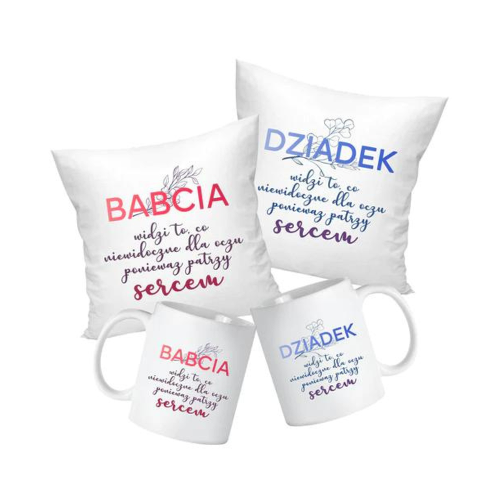 Zestaw Poduszka Kubek Babcia patrzy sercem Dziadek patrzy sercem Prezent na Dzień Babci i Dziadka