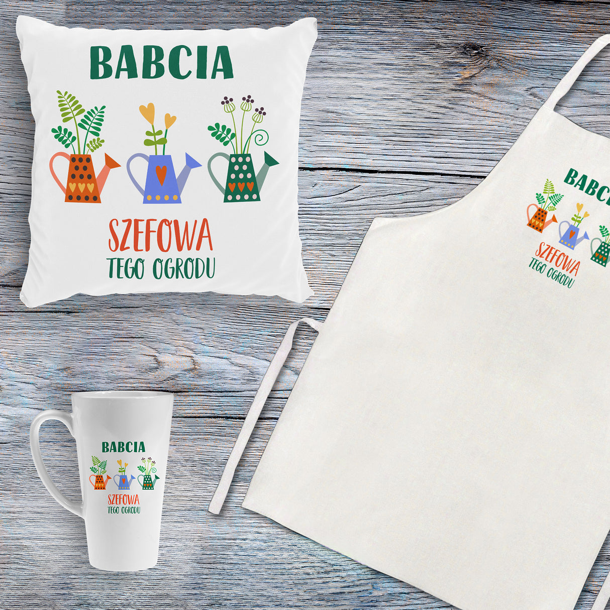 Zestaw Fartuch,Kubek,Poduszka Babcia Szefowa Ogrodu Prezent na Dzień Babci