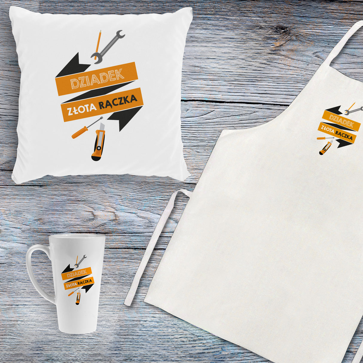 Zestaw Fartuch,Kubek,Poduszka Złota Rączka Prezent na Dzień Dziadka