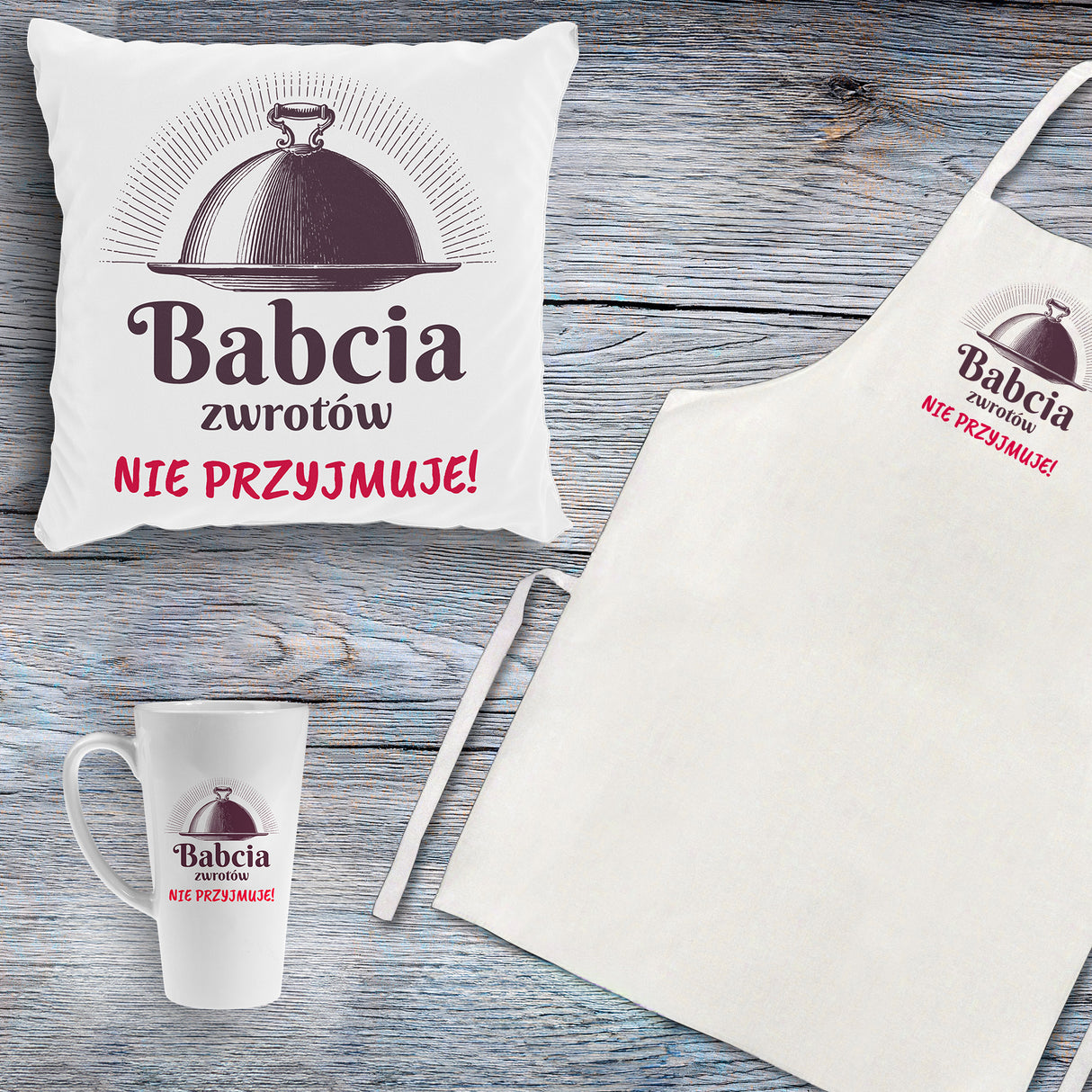 Zestaw Fartuch,Kubek,Poduszka Babcia Zwrotów nie przyjmuje Prezent na Dzień Babci