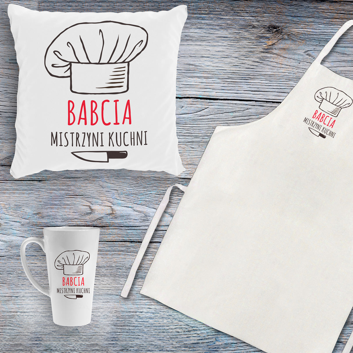 Zestaw Fartuch,Kubek,Poduszka Babcia Mistrzyni Kuchni Prezent na Dzień Babci