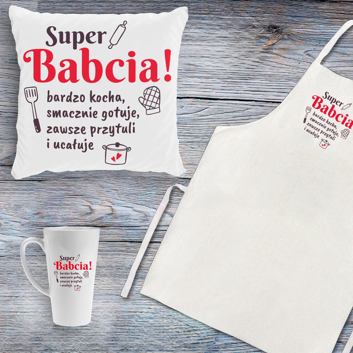 Zestaw Fartuch,Kubek,Poduszka Super Babcia Prezent na Dzień Babci