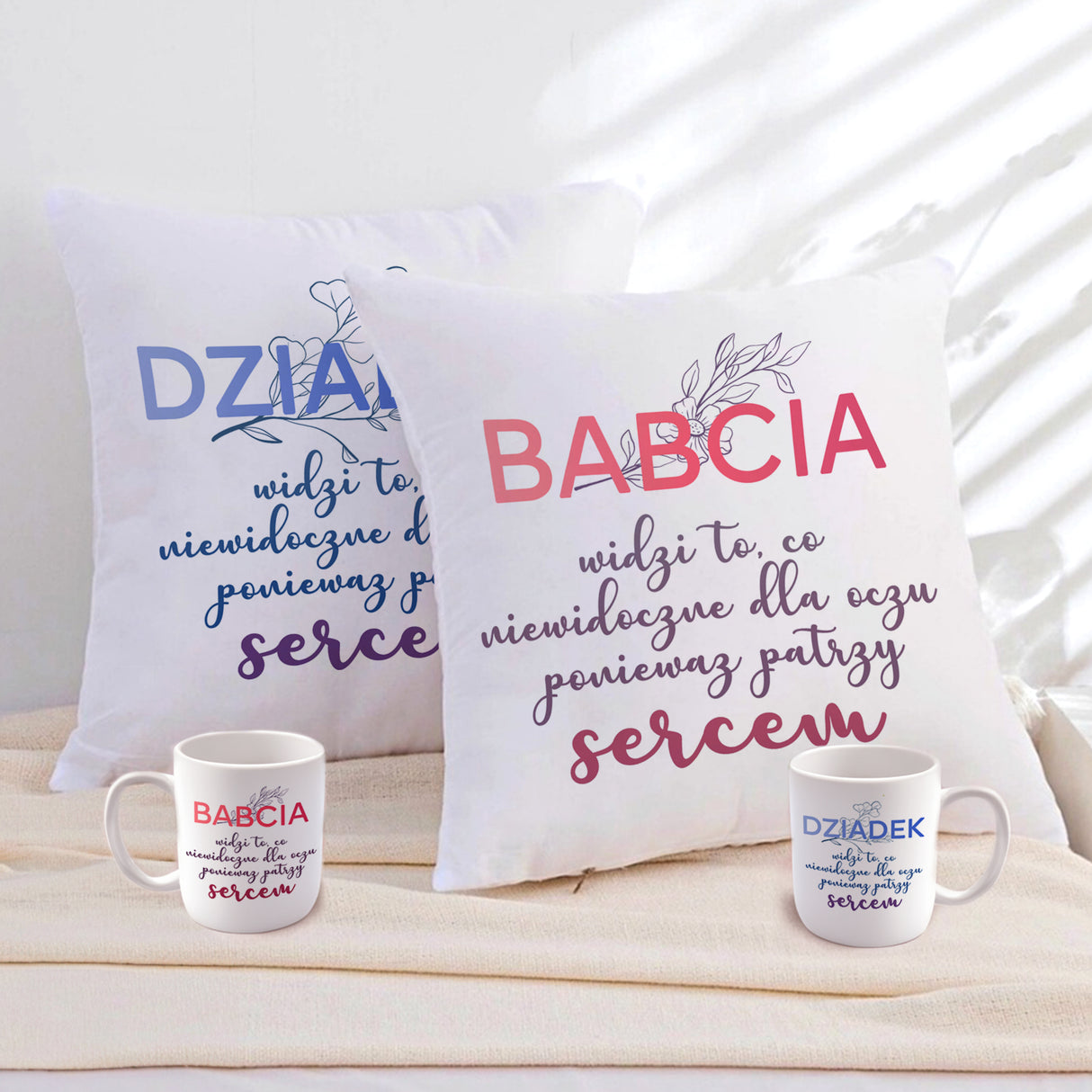 Zestaw Poduszka Kubek Babcia patrzy sercem Dziadek patrzy sercem Prezent na Dzień Babci i Dziadka