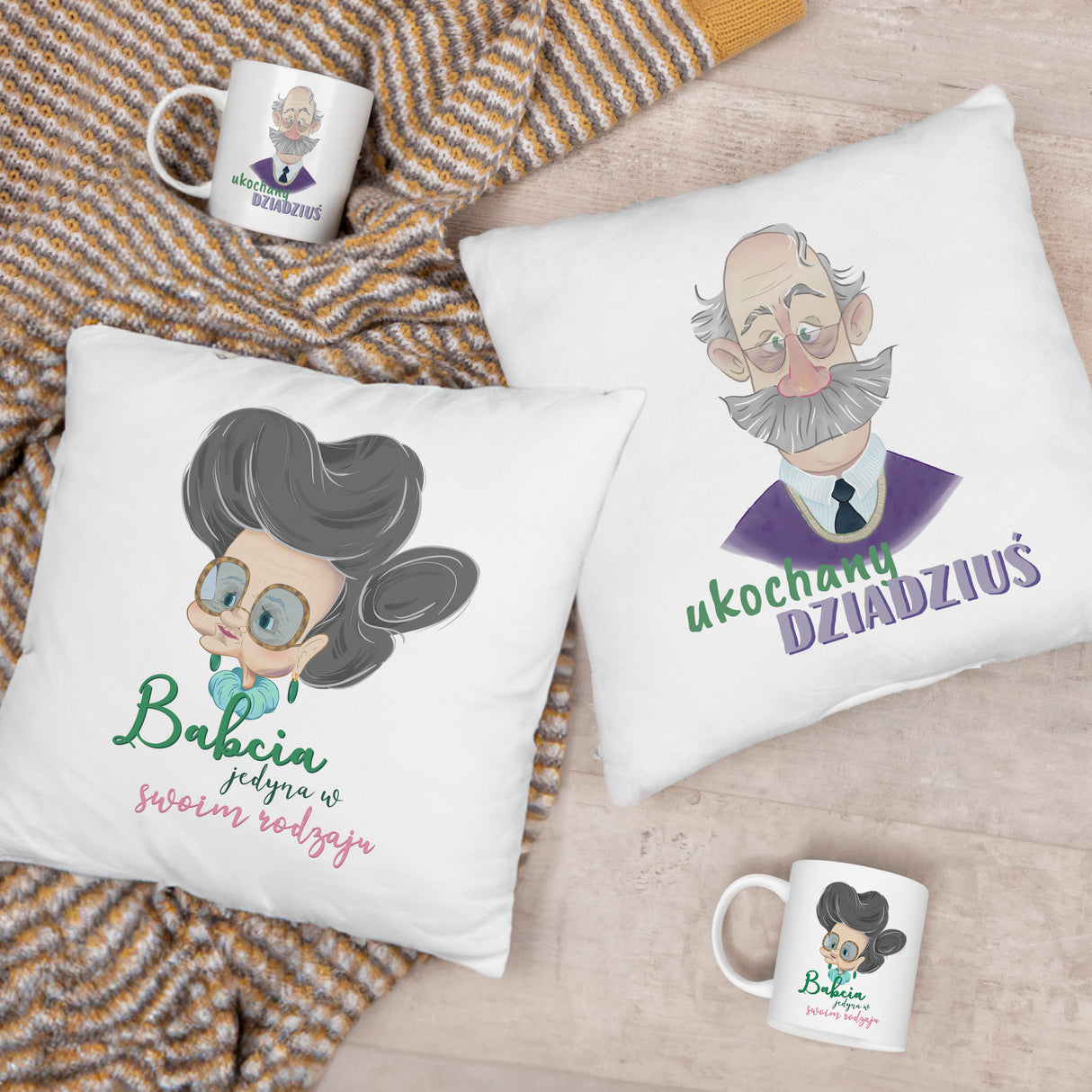 Zestaw Poduszka Kubek Babcia Jedyna w swoim Rodzaju i Ukochany Dziadek Prezent na Dzień Babci i Dziadka