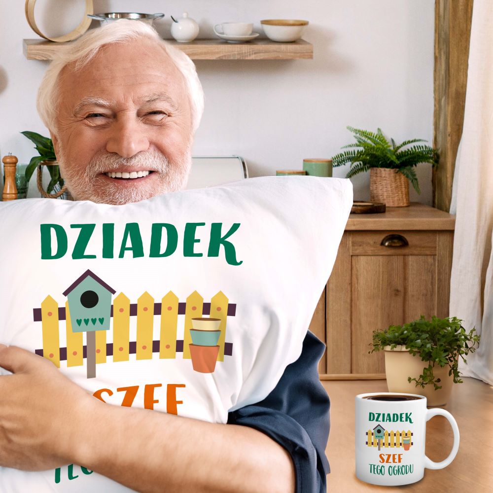 Zestaw Poduszka Kubek Szef tego ogrodu Prezent na Dzień Dziadka
