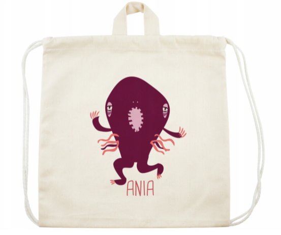 Plecak worek bawełniany z nadrukiem dla dziecka Monster Fiolet Ecru