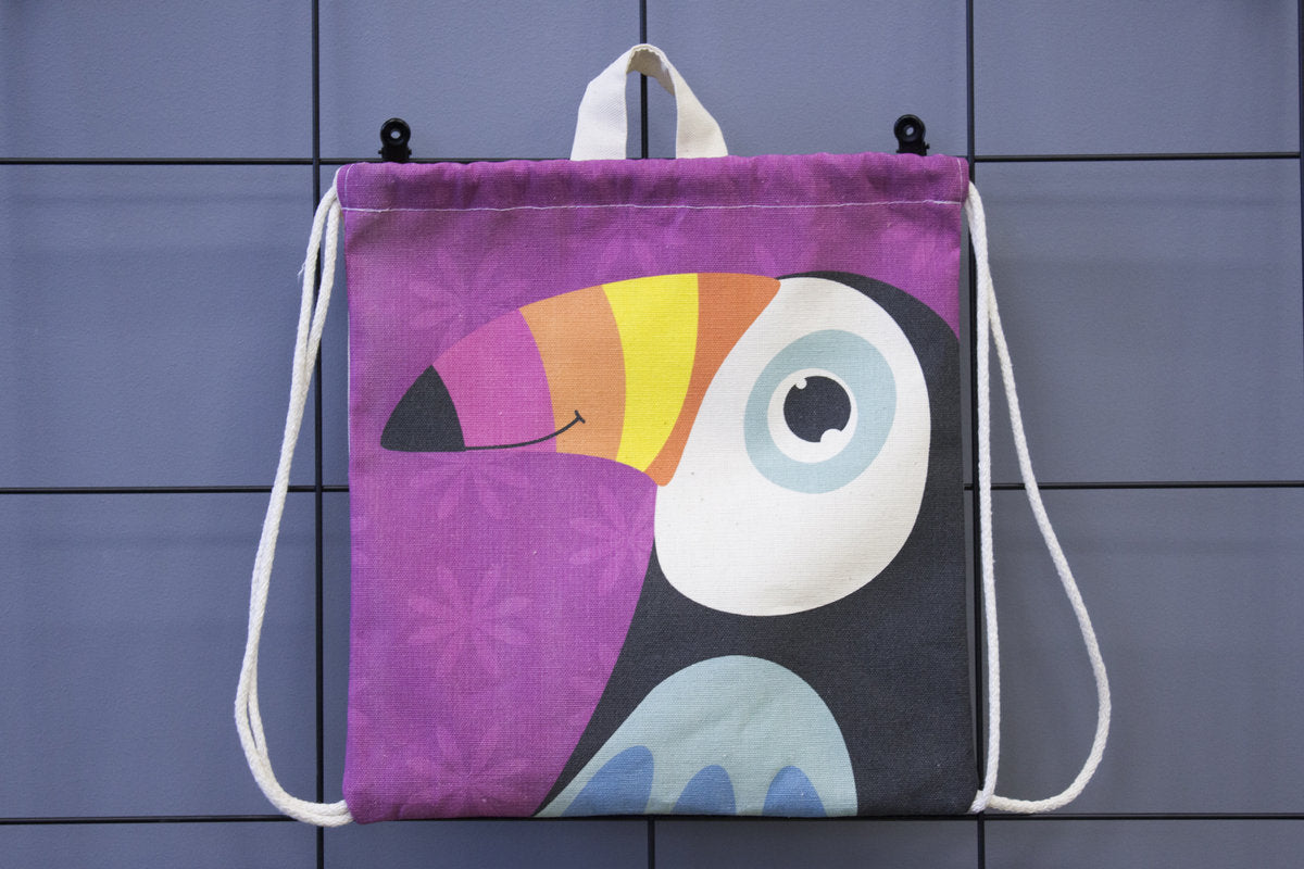 Plecak worek bawełniany z nadrukiem Tukan Fioletowy