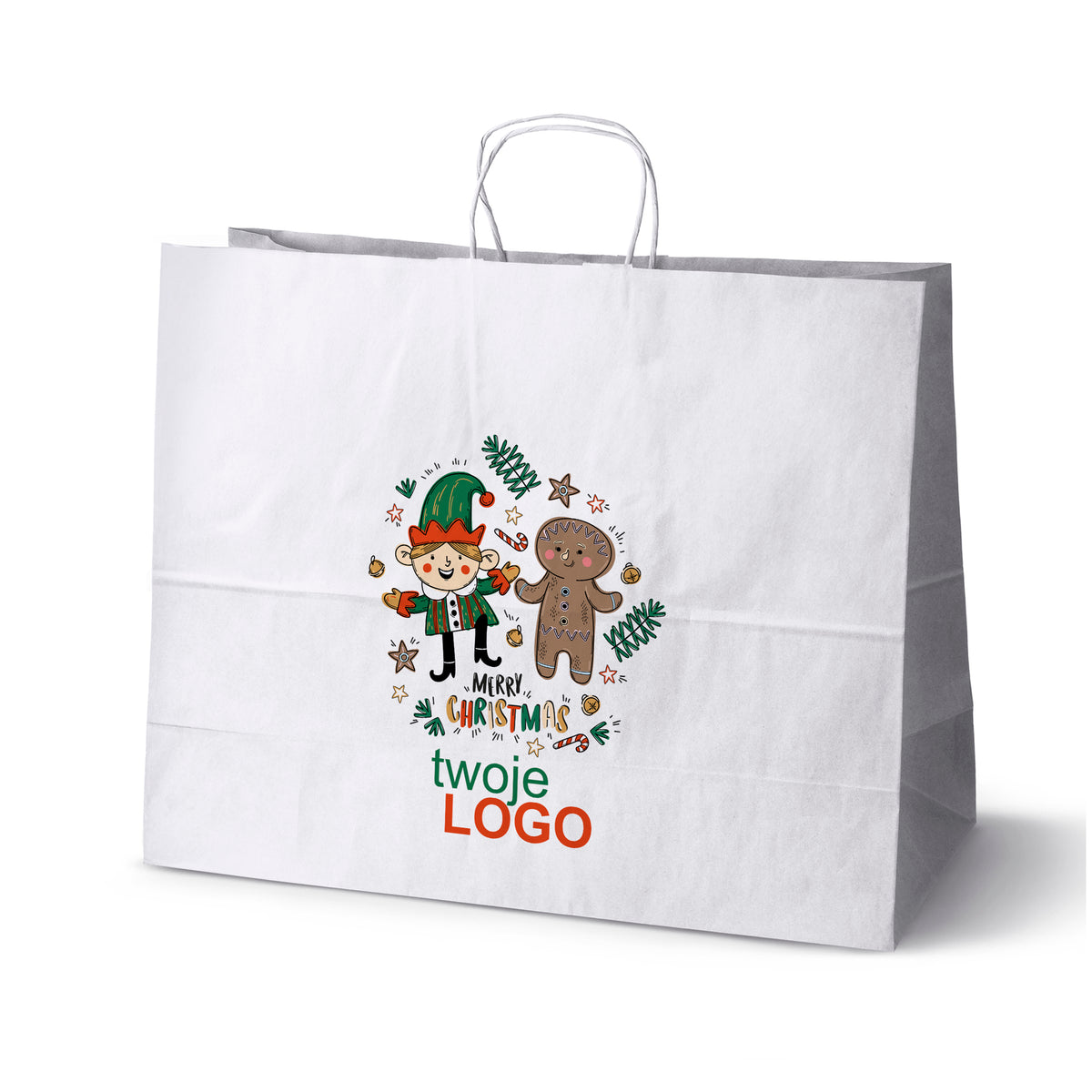 Pungă de hârtie de Crăciun Verde 50pcs. 180x80x225mm +LOGO (23 modele)