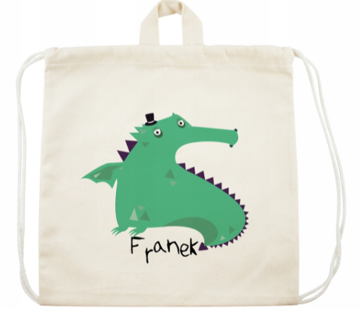 Plecak worek bawełniany z nadrukiem dla dziecka Smok Mięta + Imię Ecru