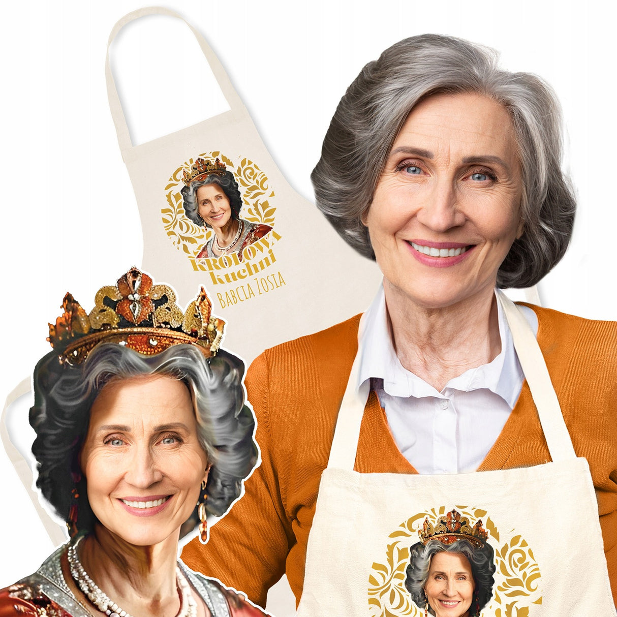 Fartuch Kuchenny Prezent na Dzień Babci Karykatura Królowa Bawełniany Ecru