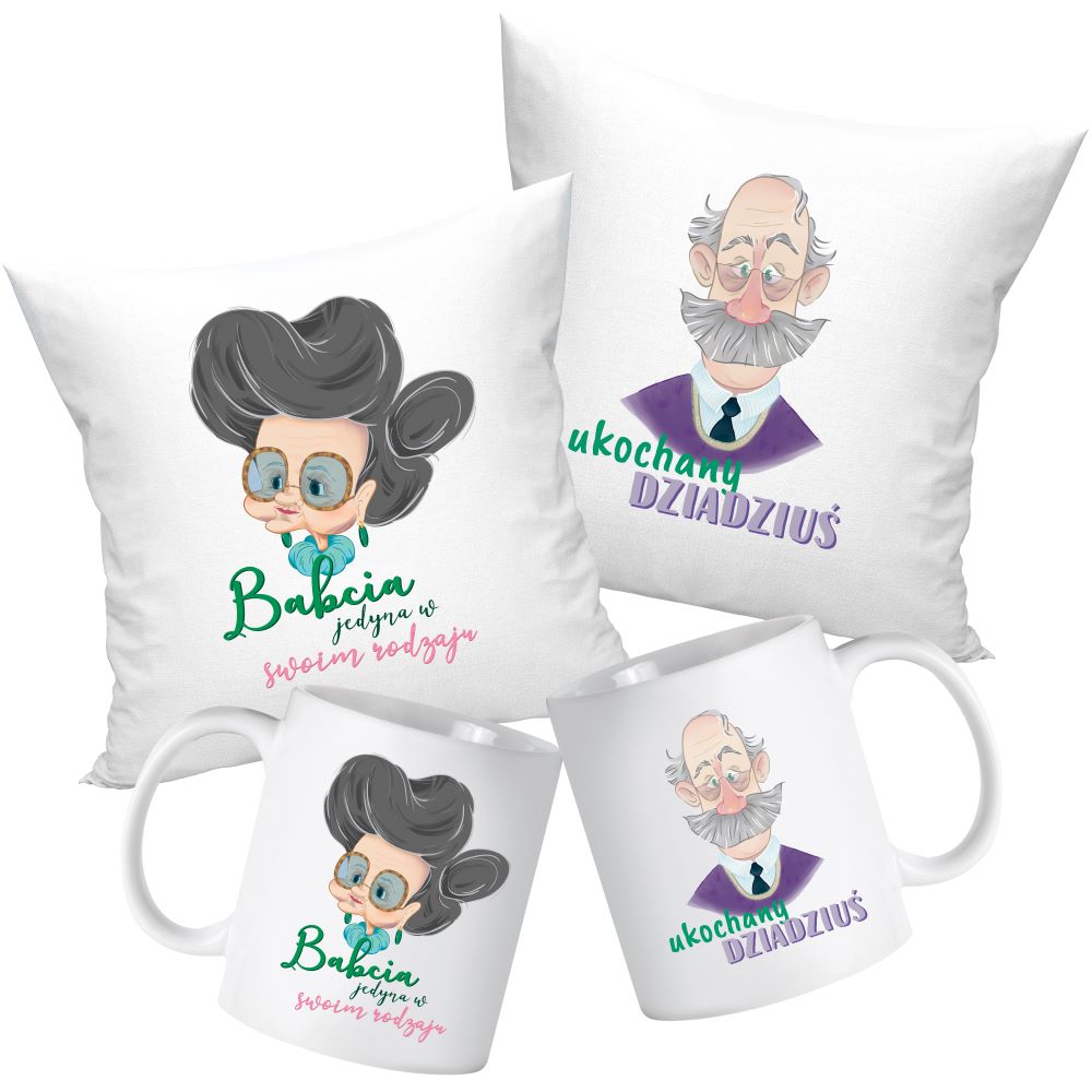 Zestaw Poduszka Kubek Babcia Jedyna w swoim Rodzaju i Ukochany Dziadek Prezent na Dzień Babci i Dziadka