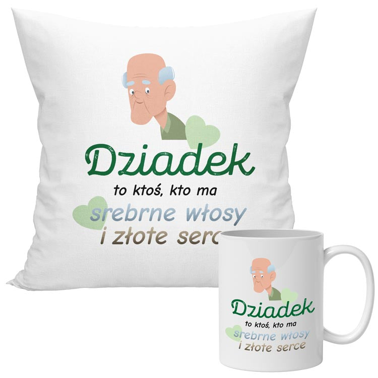 Zestaw Poduszka Kubek Srebrne włosy i złote serce Prezent na Dzień Dziadka