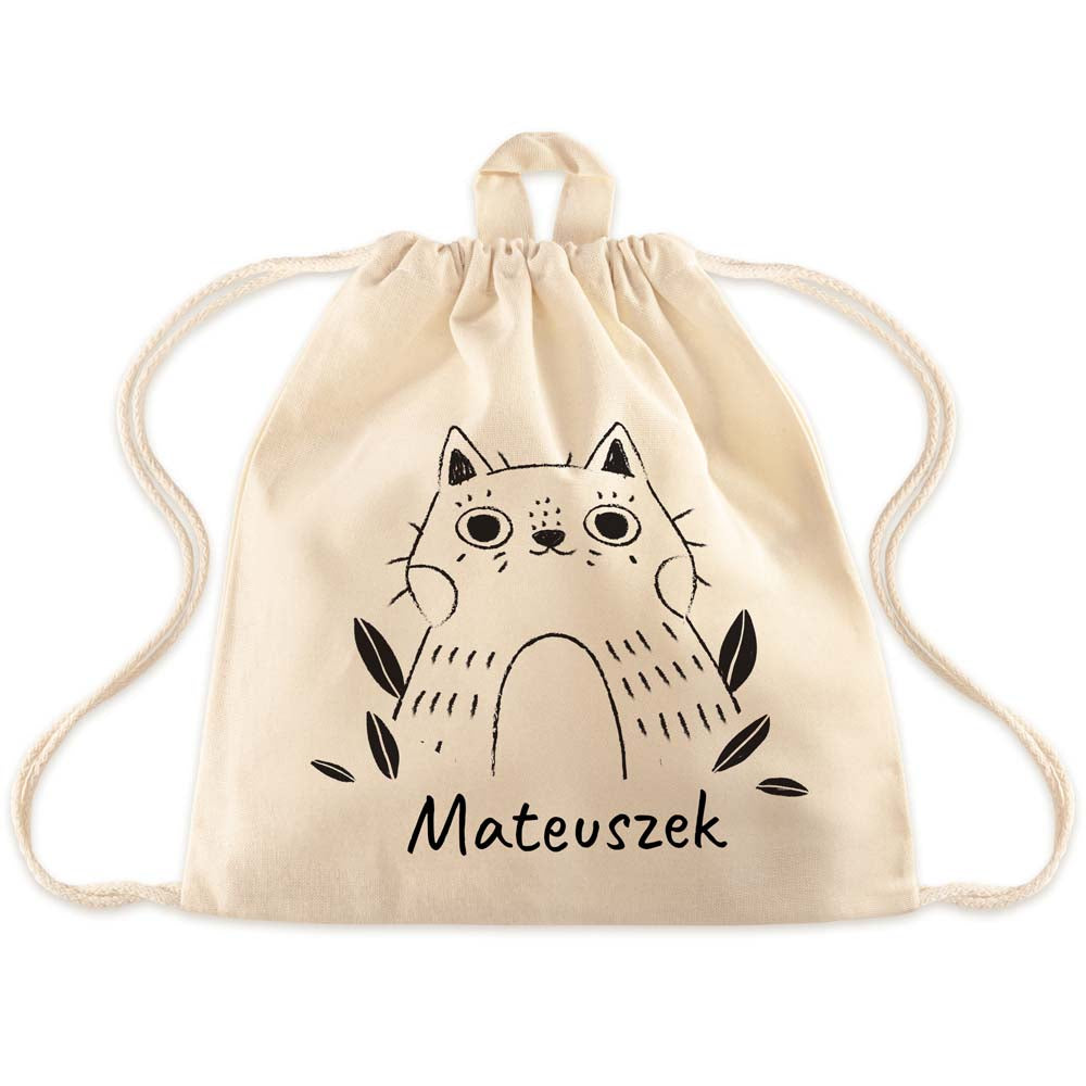Worek plecak dla dziecka KOT + IMIĘ - ecru