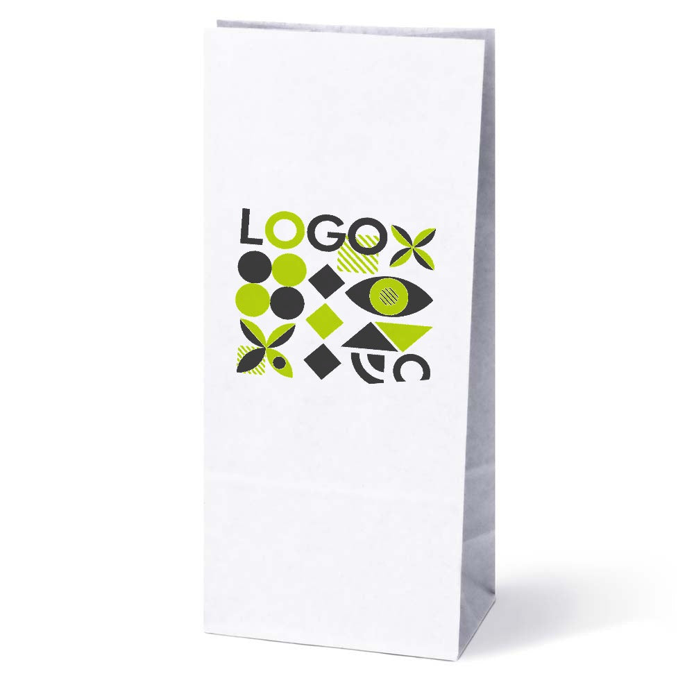 Torba papierowa klockowa z nadrukiem 120 × 95 × 325 mm Biała