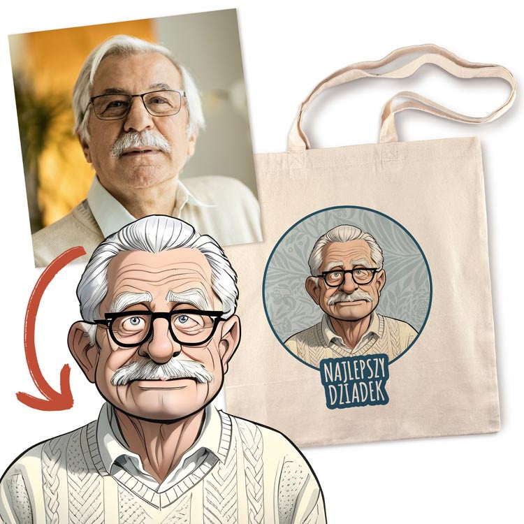 Torba Bawełniana personalizowana Karykatura Prezent na Dzień Dziadka Ecru