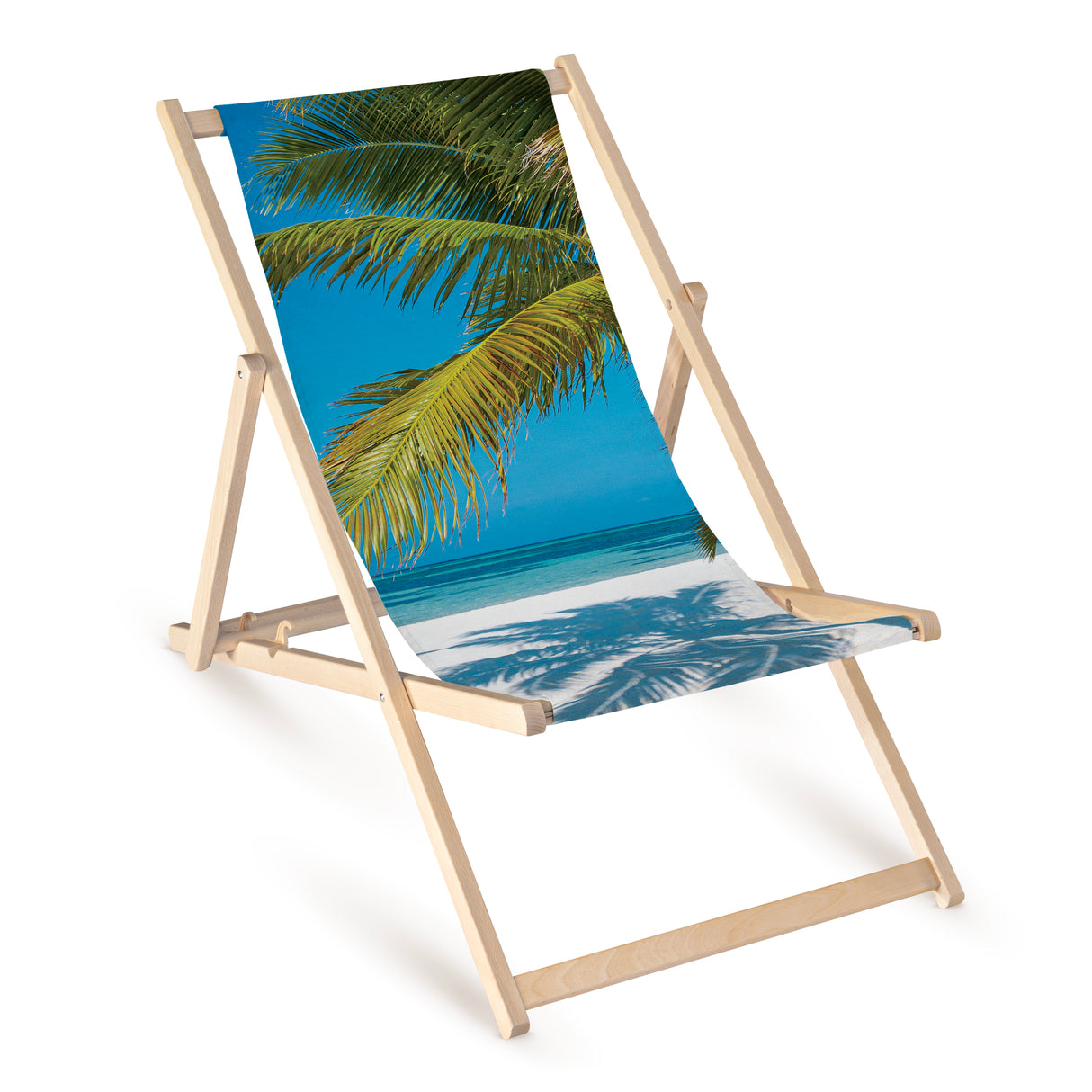Leżak drewniany z nadrukiem PALMA NA PLAŻY LIŚCIE