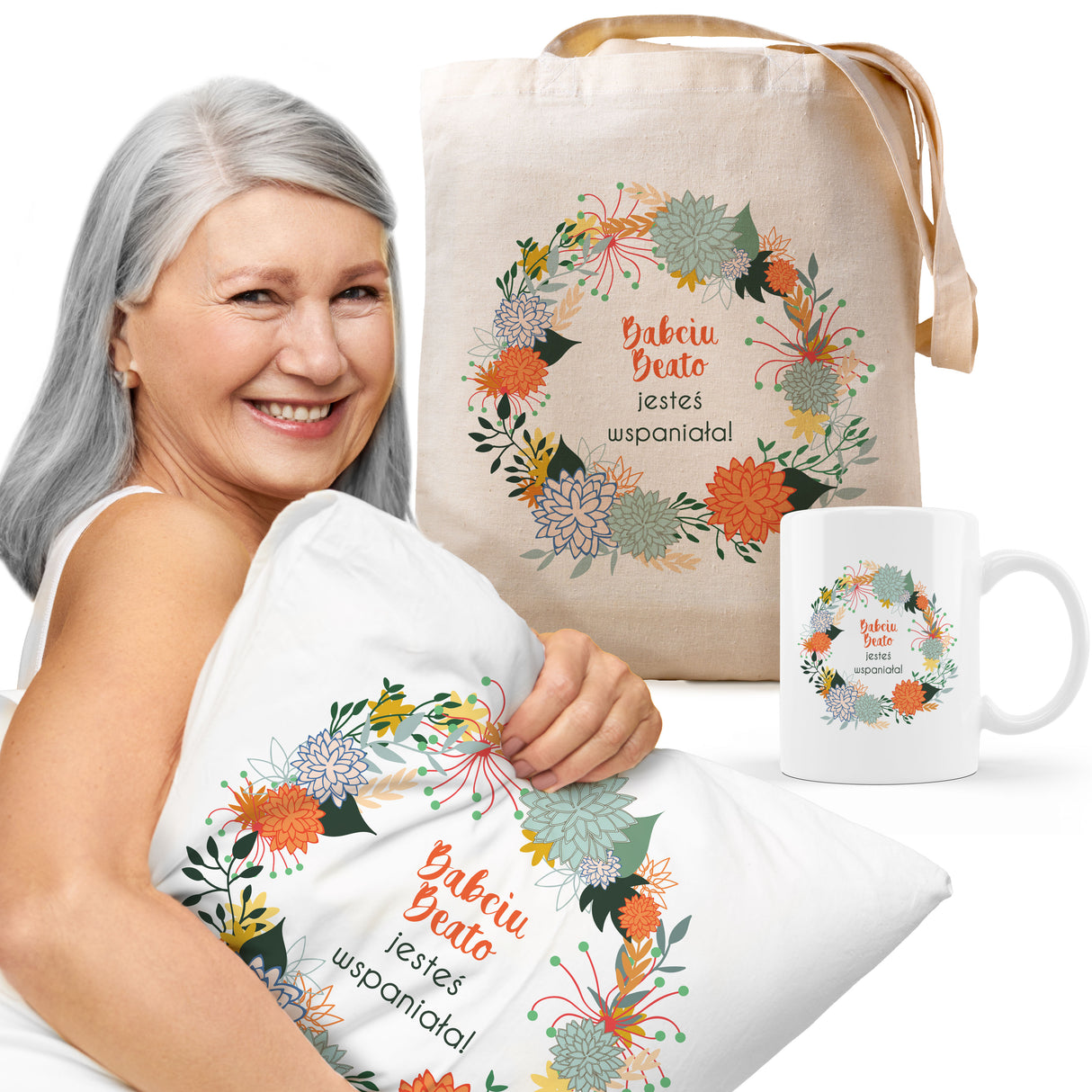 Zestaw personalizowany Torba Bawełniana,Kubek,Poduszka Babciu jesteś Wspaniała+Imię Prezent na Dzień Babci