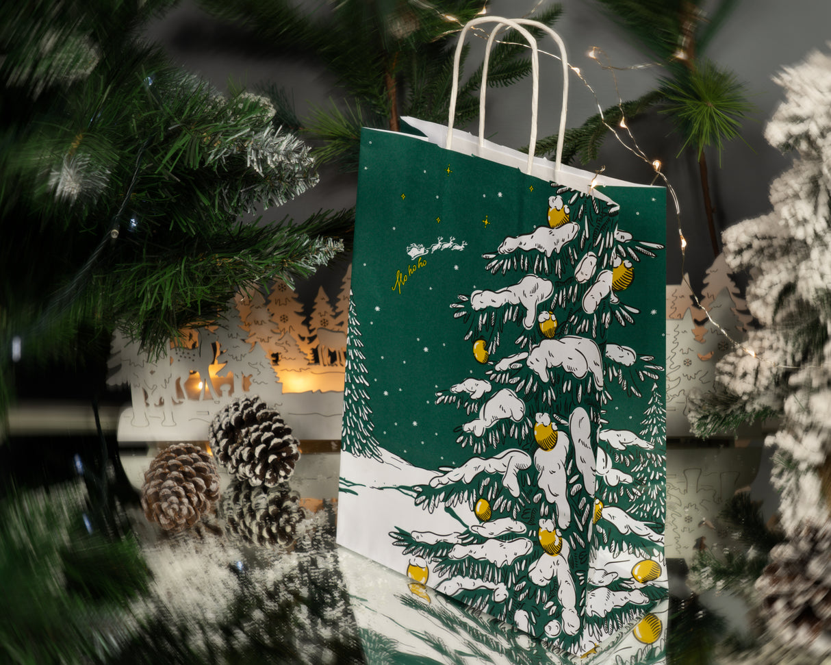 Torba papierowa świąteczna 240x100x320mm Zielona Choinka