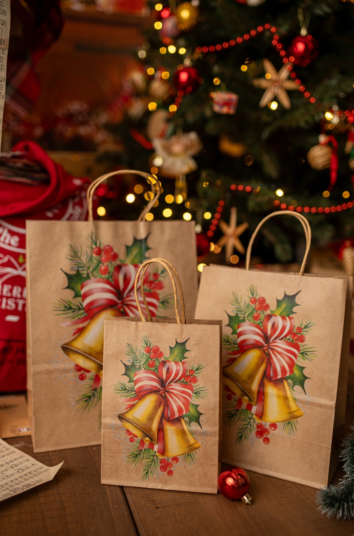 Torba papierowa świąteczna 150x80x210mm Skarpeta Choinka Dzwonek Prezenty 4szt.