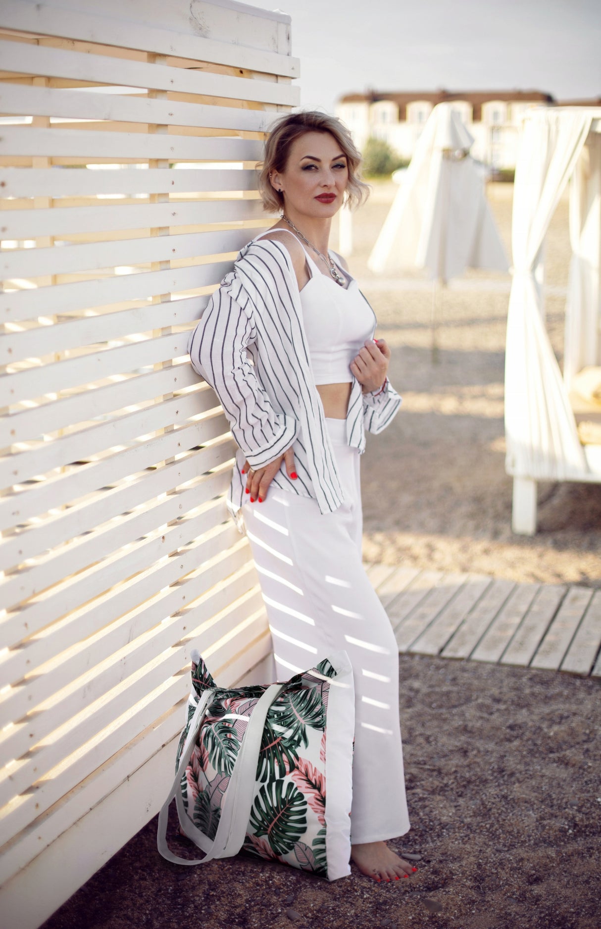 Torba plażowa OXFORD Różowo zielona monstera