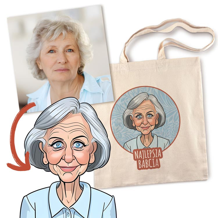 Torba Bawełniana personalizowana Karykatura Prezent na Dzień Babci Ecru