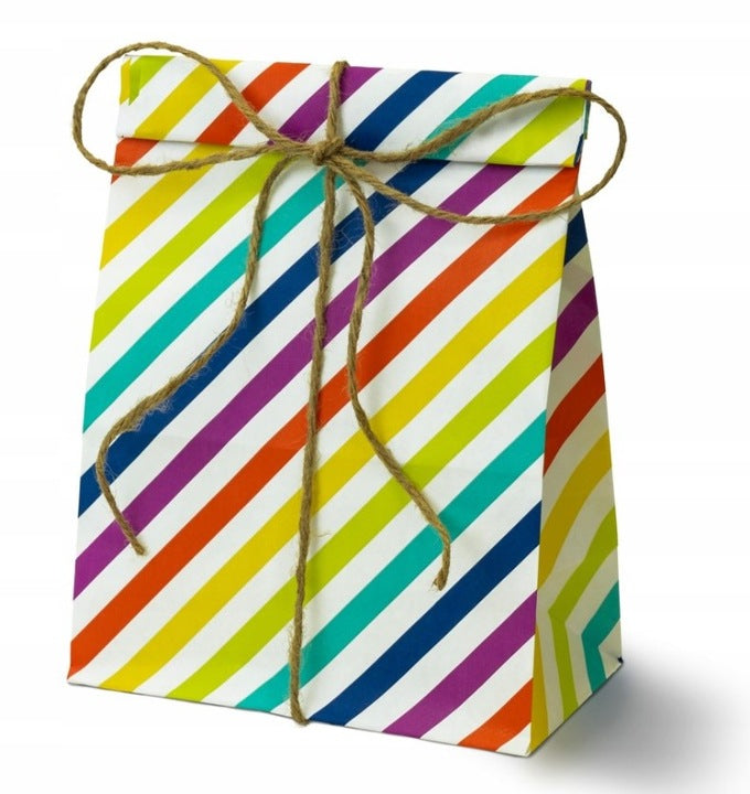 Torba papierowa klockowa 160x80x270mm Biała w kolorowe paski