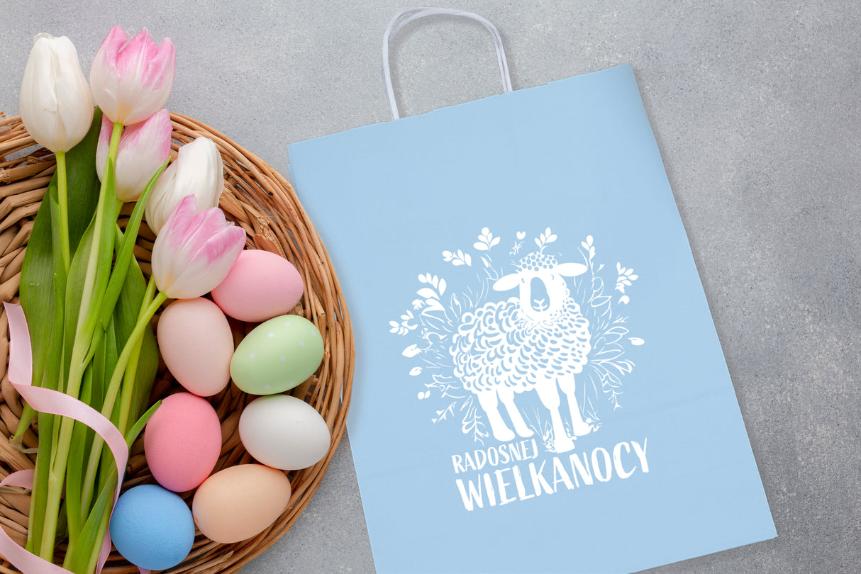 Torba papierowa 50szt. 240x100x320mm Niebieski Pastel RADOSNEJ WIELKANOCY
