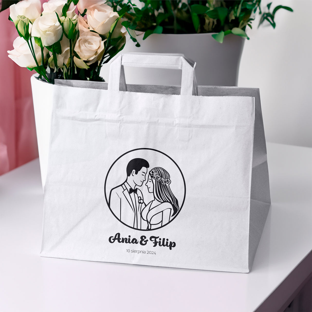 Torebki weselne 320x220x245mm Białe Państwo Młodzi IMIONA+DATA 50szt.