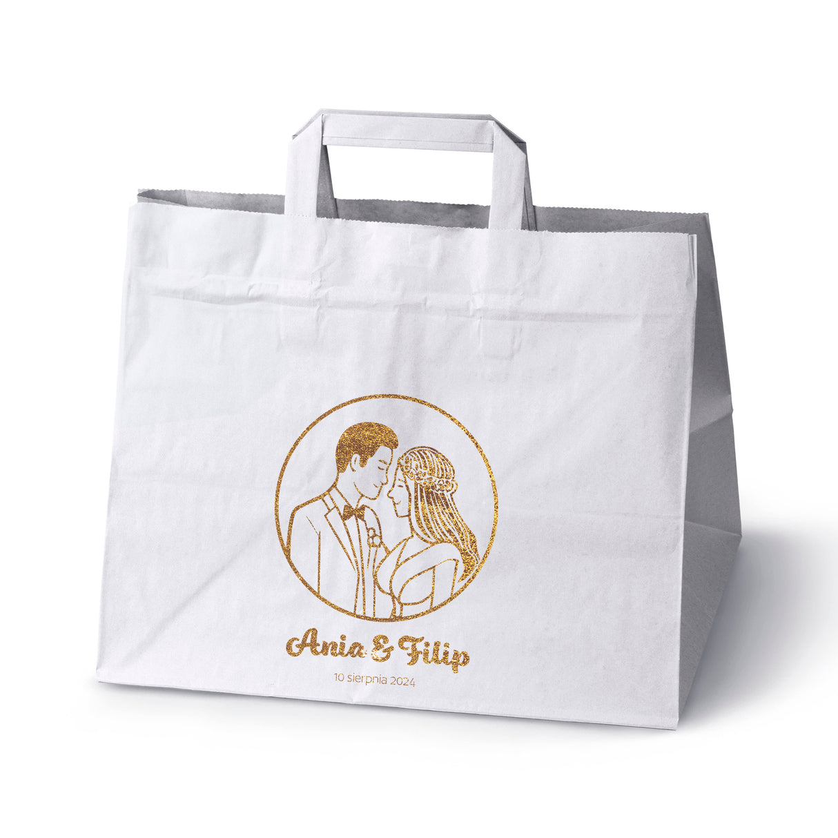Torebki weselne 320x220x245mm Biała ze złotym nadrukiem Państwo Młodzi IMIONA+DATA 50szt.