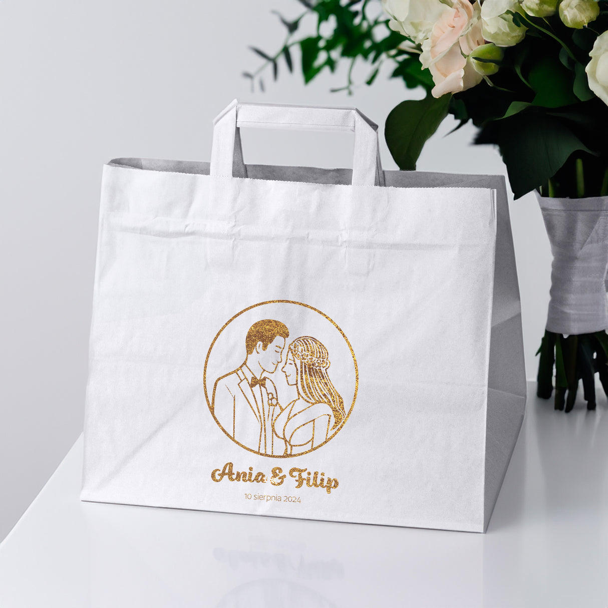Torebki weselne 320x220x245mm Biała ze złotym nadrukiem Państwo Młodzi IMIONA+DATA 50szt.