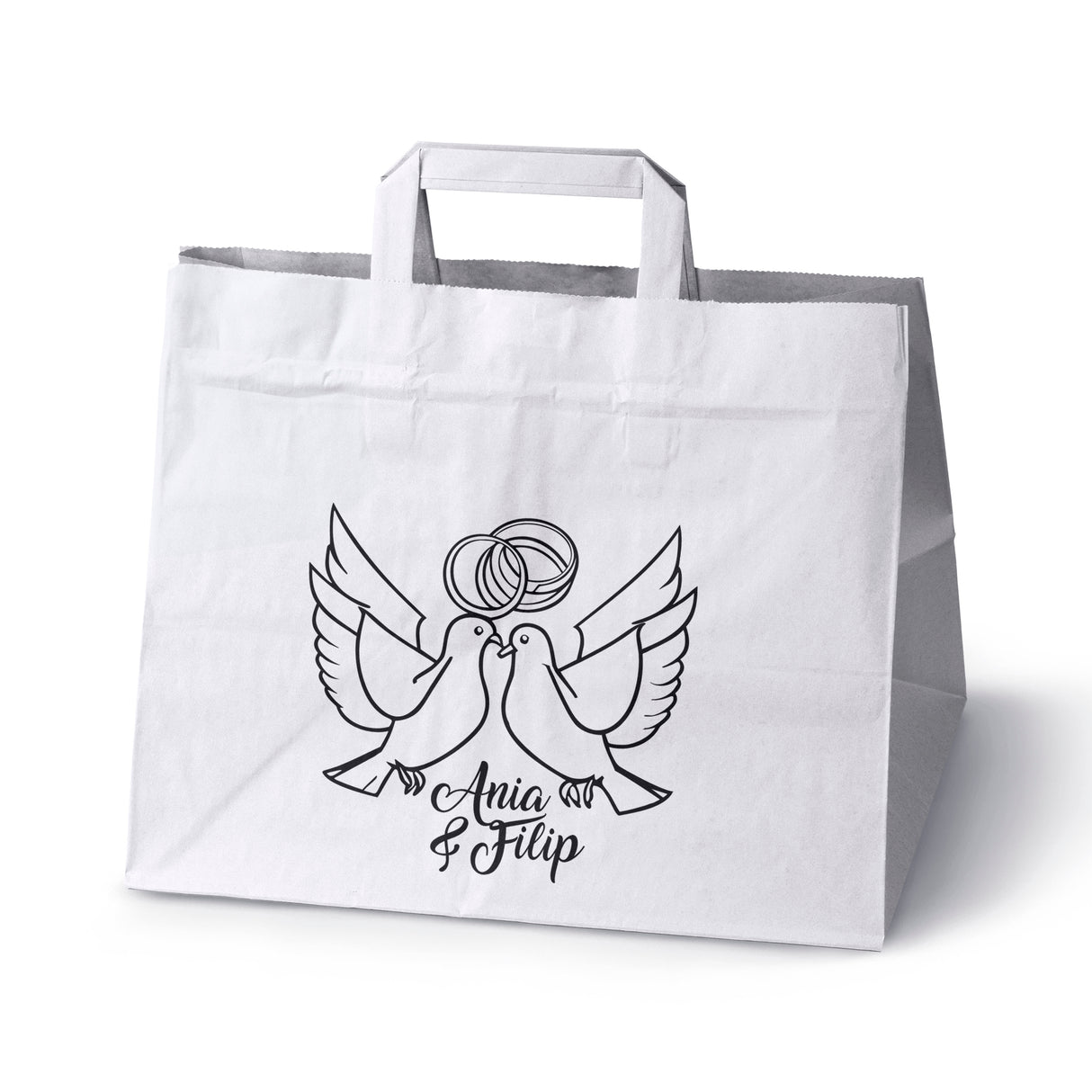 Torebki weselne 320x220x245mm Białe Gołębie IMIONA 50szt.