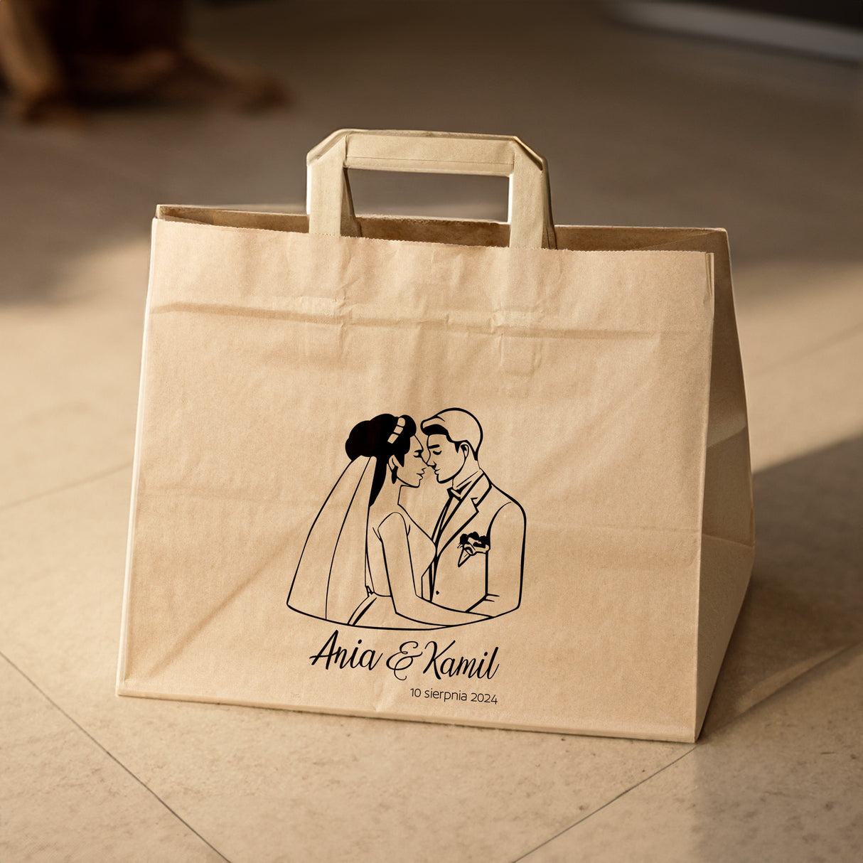 Torebki weselne 320x220x245mm Brązowe Para młoda IMIONA+DATA 50szt.