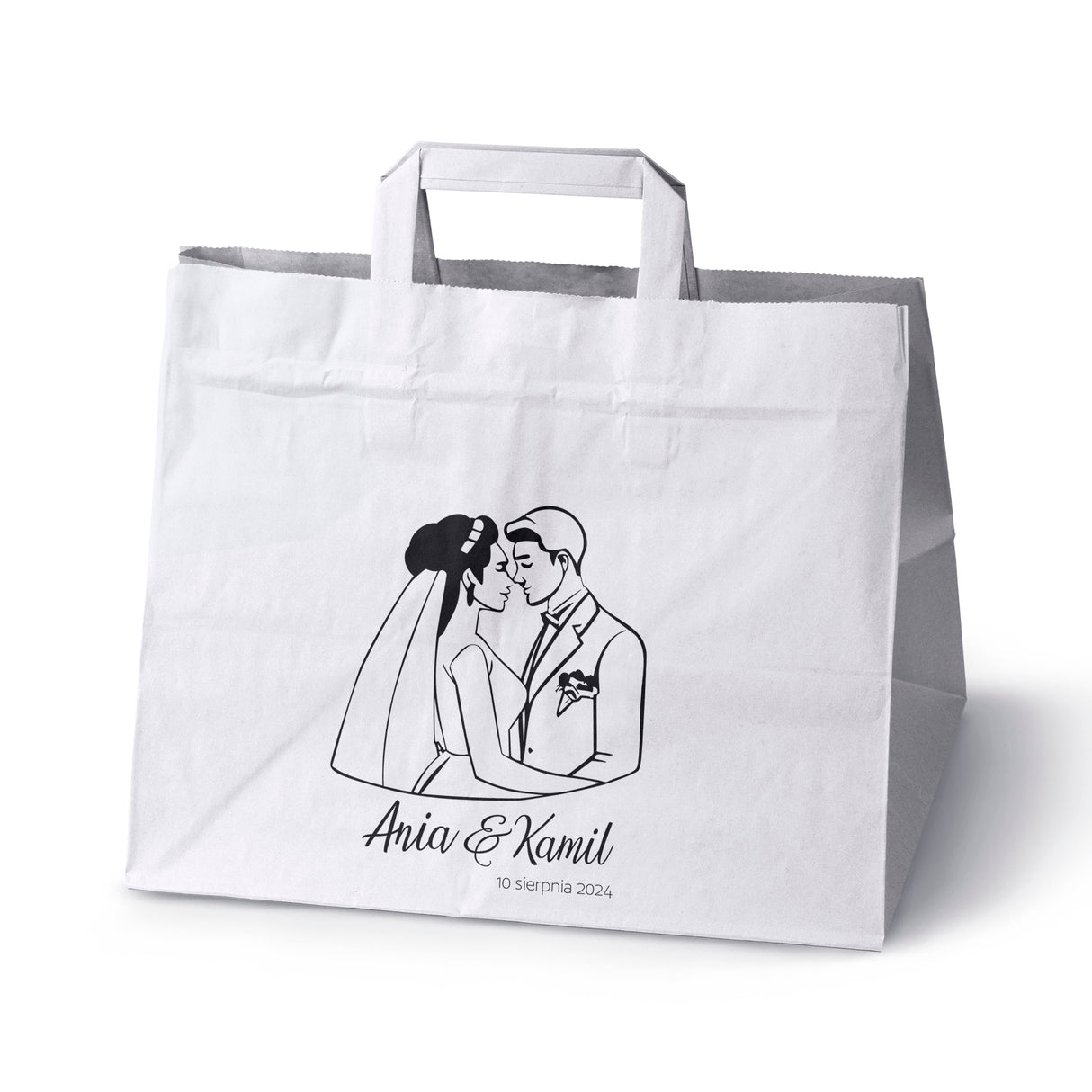 Torebki weselne 320x220x245mm Białe Para Młoda IMIONA+DATA 50szt.