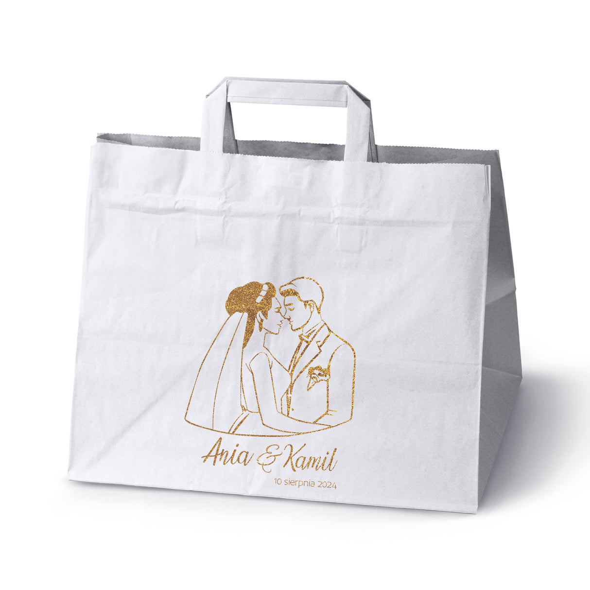 Torebki weselne 320x220x245mm Białe ze złotym nadrukiem Para Młoda IMIONA+DATA 50szt.
