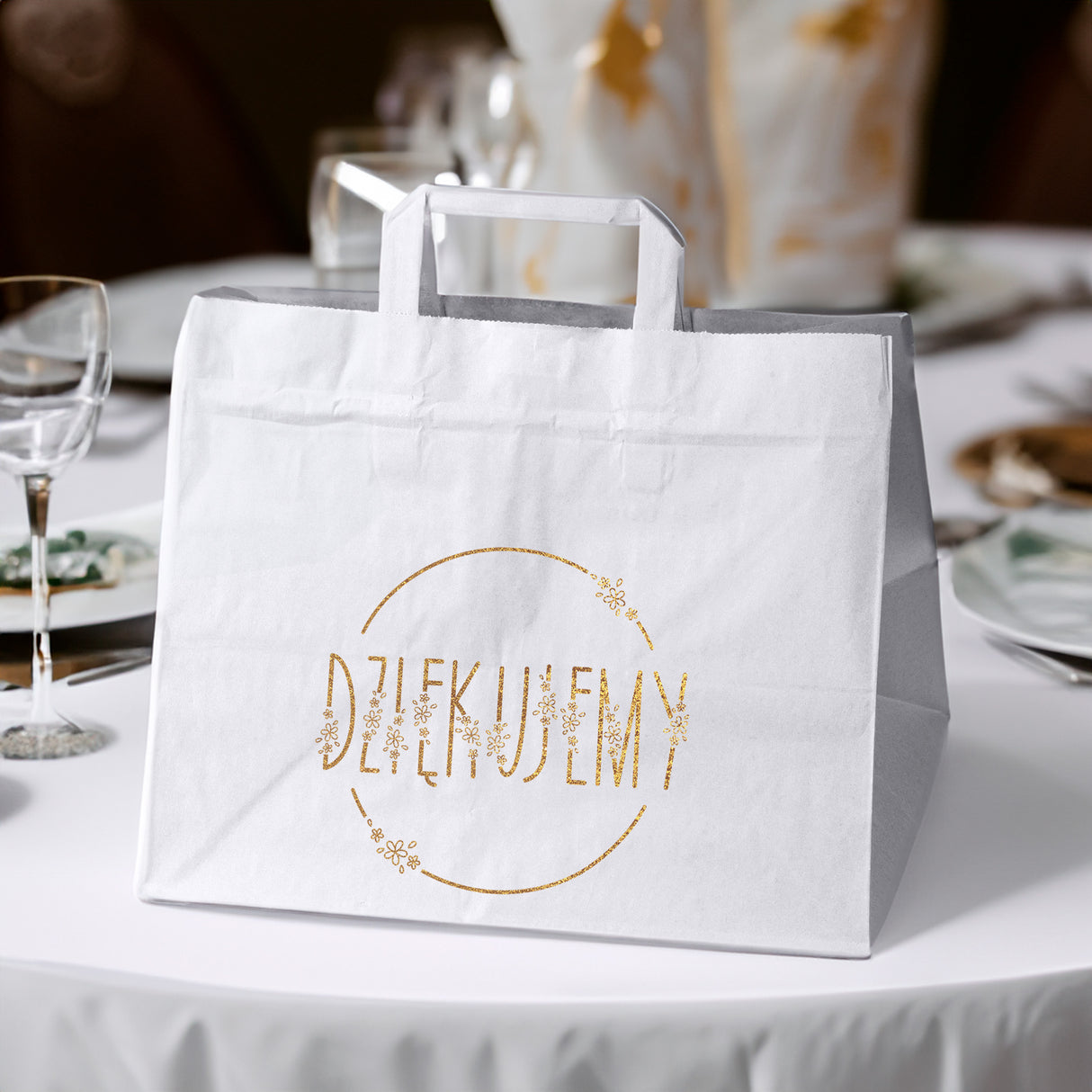 Torebki weselne 320x220x245mm Białe ze złotym nadrukiem Dziękujemy 50szt.