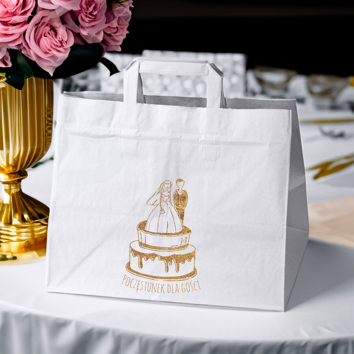 Torebki weselne 320x220x245mm Białe ze złotym nadrukiem Poczęstunek dla gości 50szt.