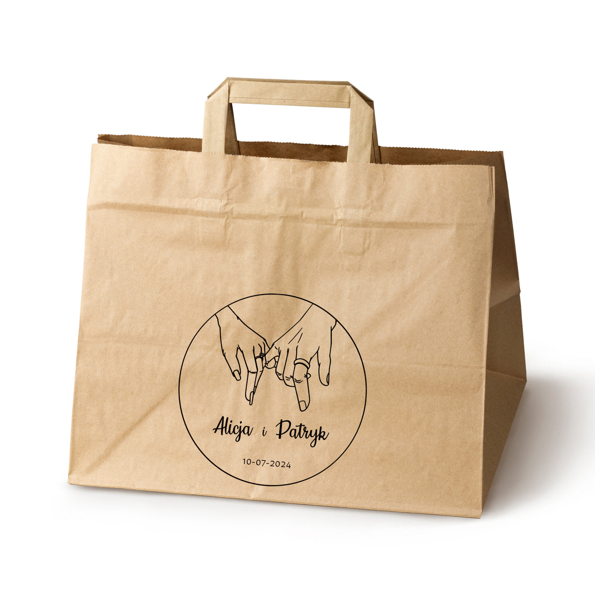 Torebki weselne 320x220x245mm Brązowe Dłonie pary młodej IMIONA+DATA 50szt.
