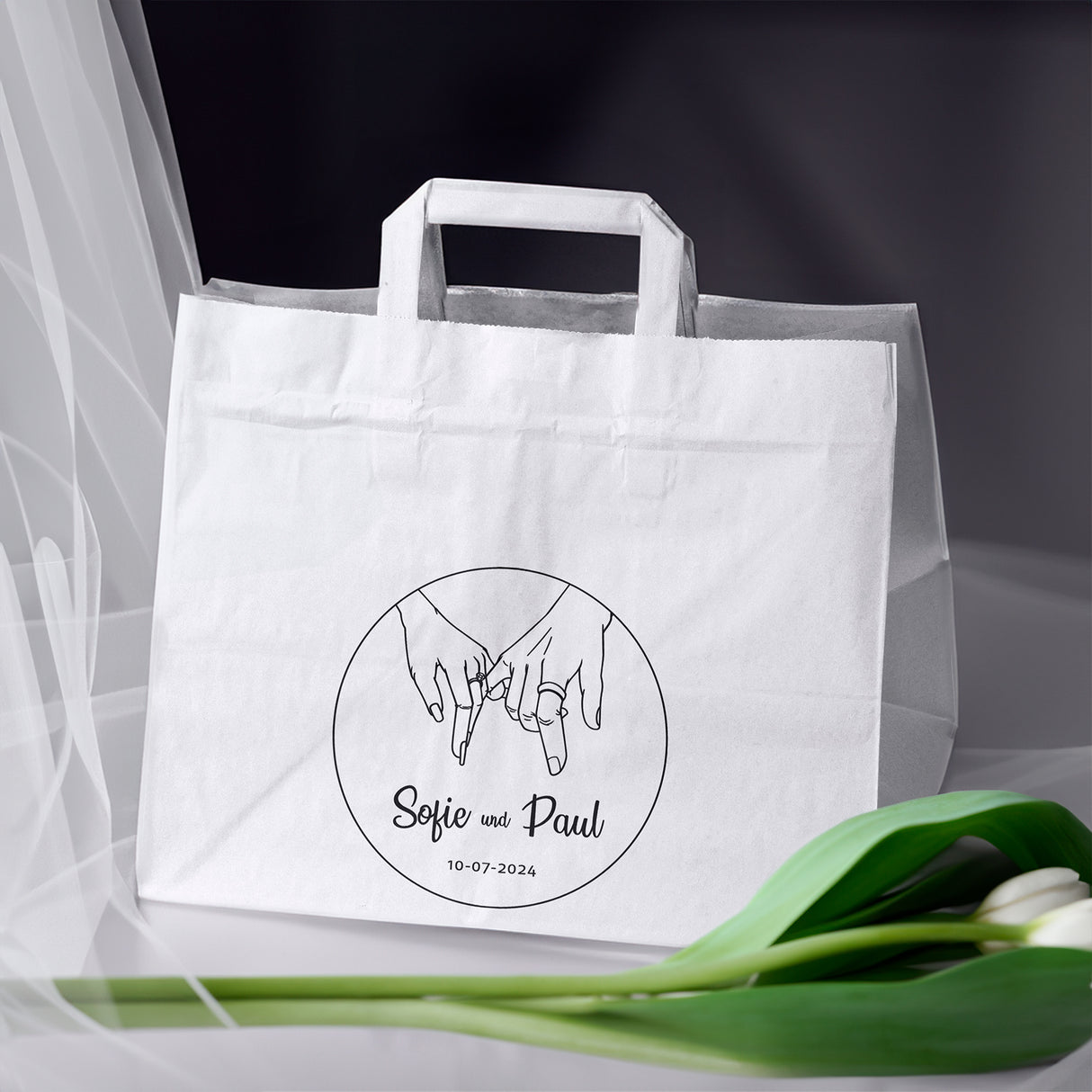 Torebki weselne 320x220x245mm Białe Dłonie Pary Młodej IMIONA+DATA 50szt.