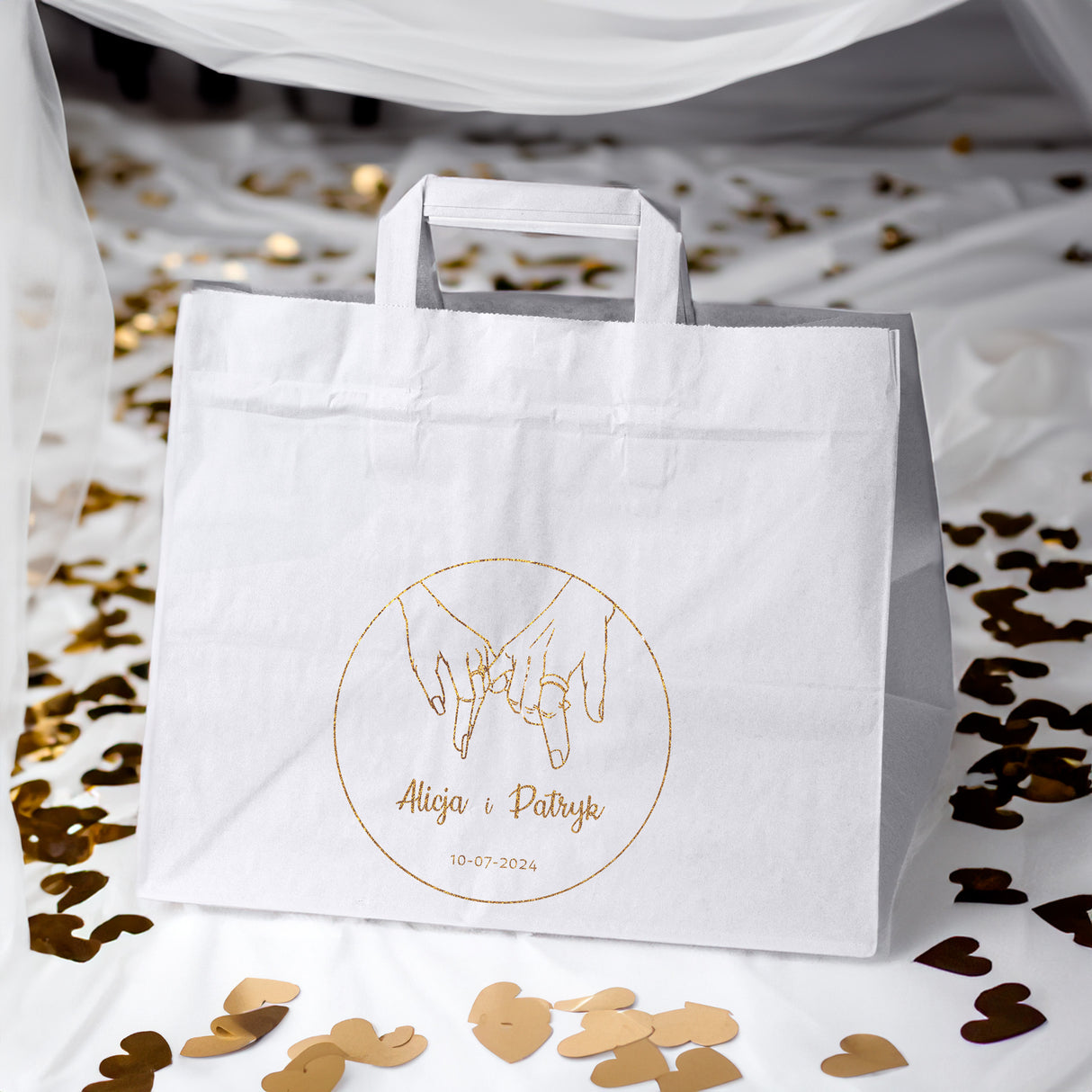 Torebki weselne 320x220x245mm Białe ze złotym nadrukiem Dłonie Pary Młodej IMIONA+DATA 50szt.