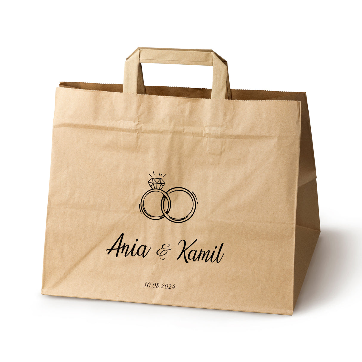 Torebki weselne 320x220x245mm Brązowe Obrączki IMIONA+DATA 50szt.