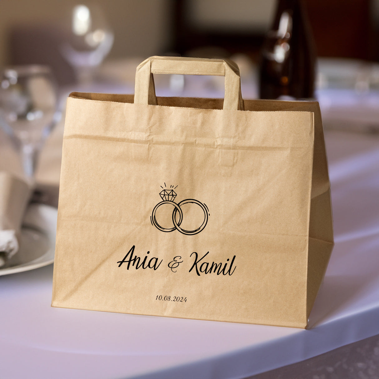Torebki weselne 320x220x245mm Brązowe Obrączki IMIONA+DATA 50szt.