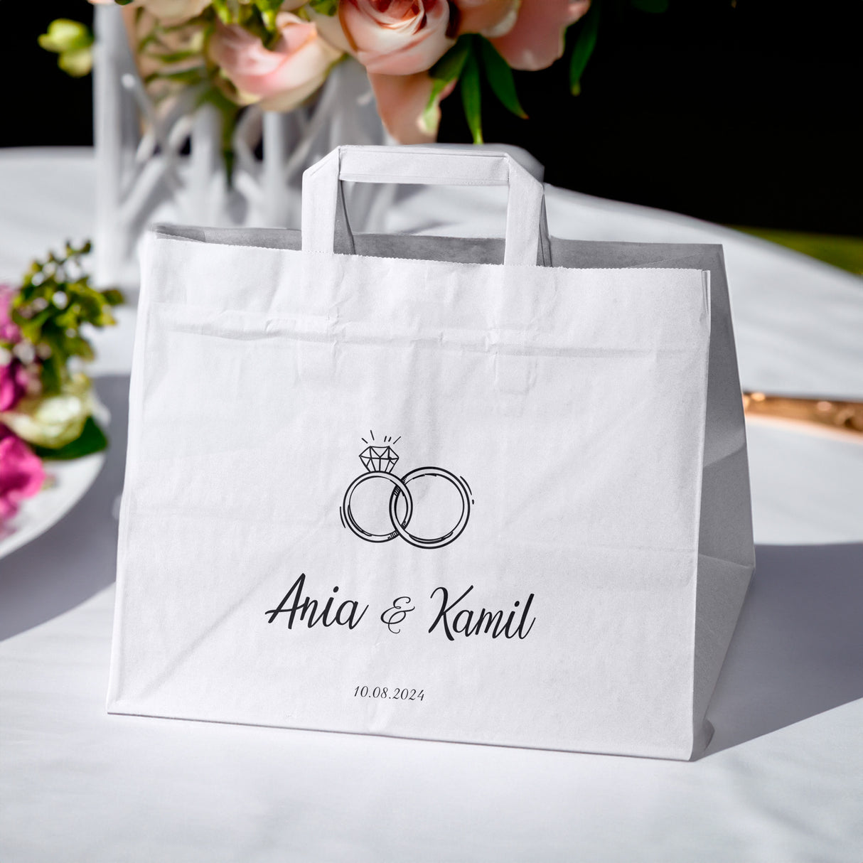 Torebki weselne 320x220x245mm Białe Obrączki IMIONA+DATA 50szt.
